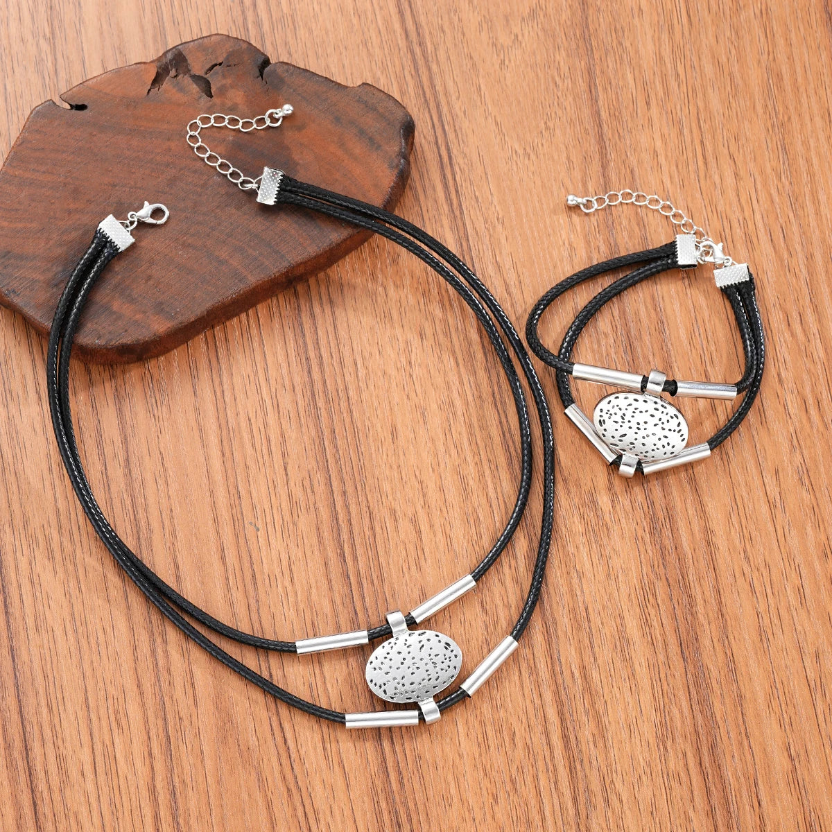 Textured Medallion Leather Necklace Duo