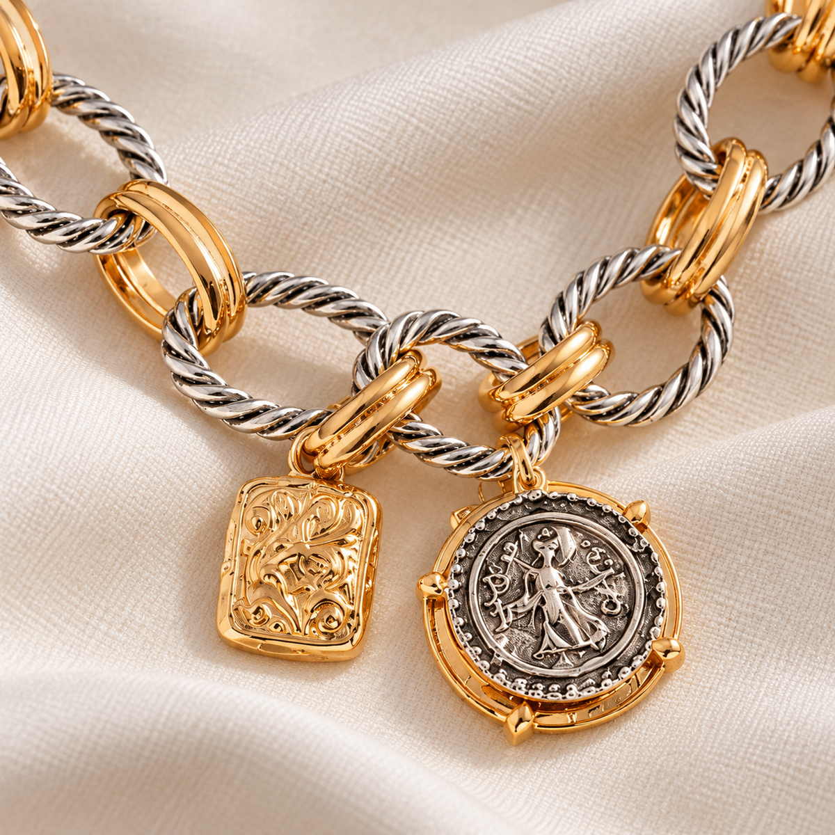 Collana a catena con monete bicolore e maglie grosse