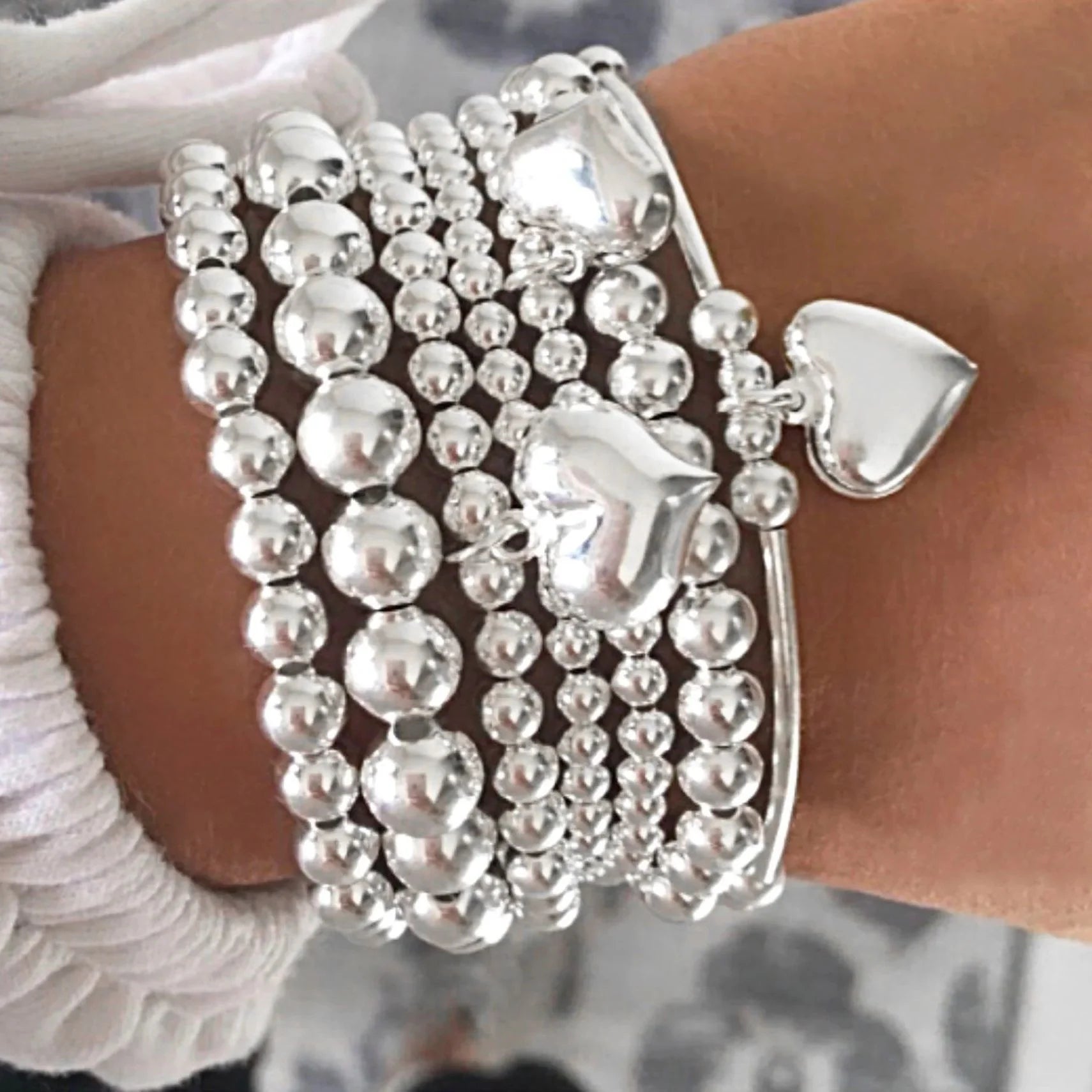 7 Piece Beaded Heart Charm Bracelet Set