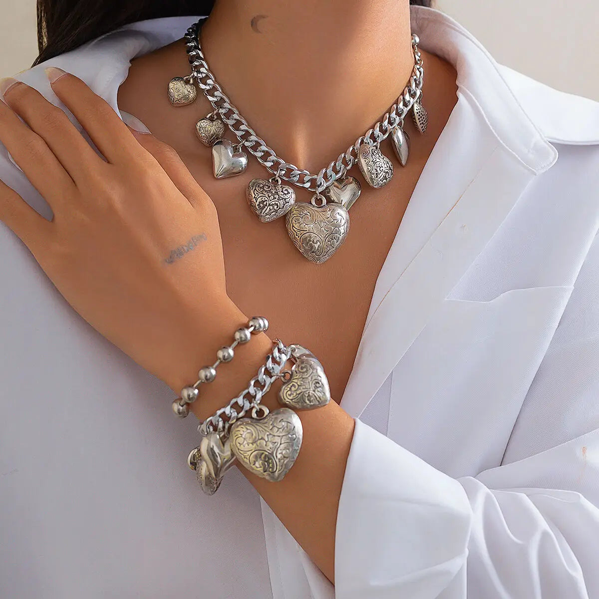 Statement Heart Necklace & Bracelet Set