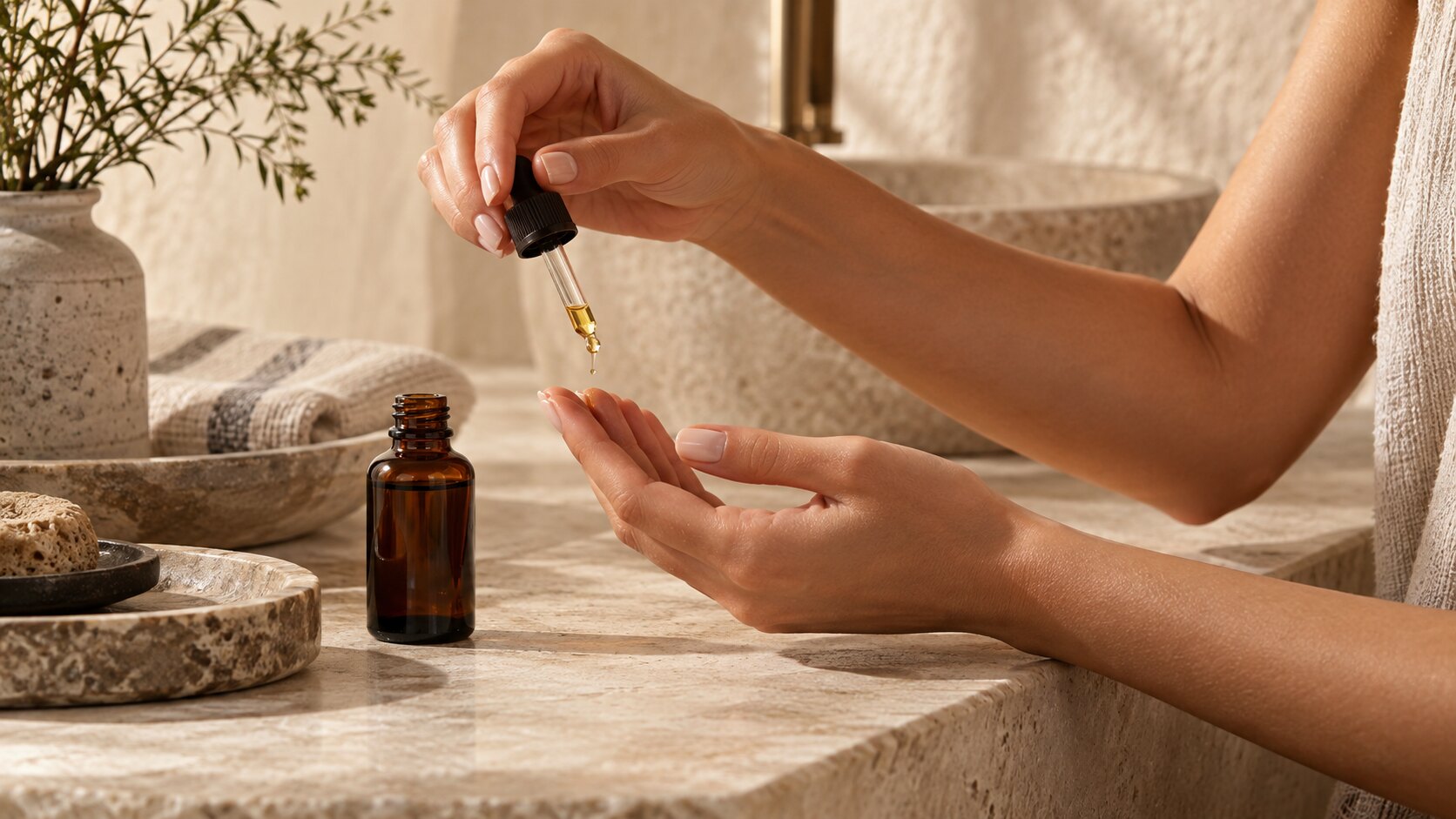 Editorial illustration of a topical oil being prepared for a post-removal routine